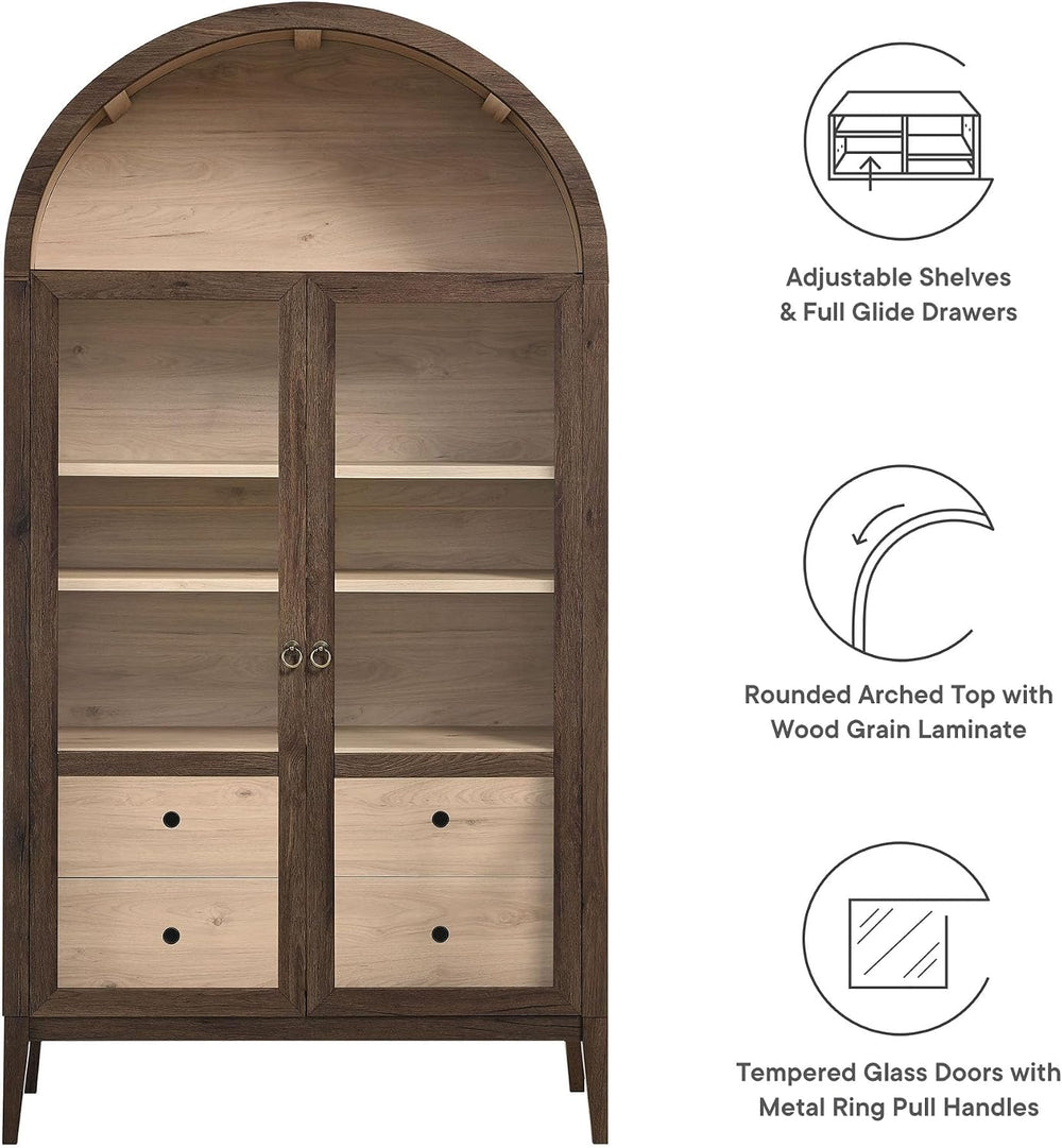 Modway Nolan Tall Arched Storage Display Cabinet in Walnut Light Oak - 74 Inc...