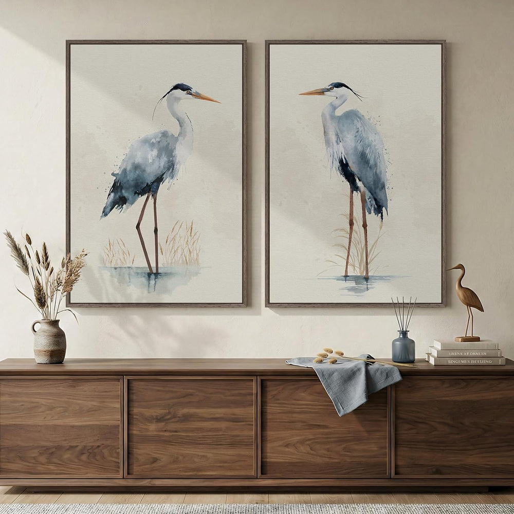 Large Framed Vintage Neutral Blue Heron Bird Wall Art, 2 Piece 24x36 In