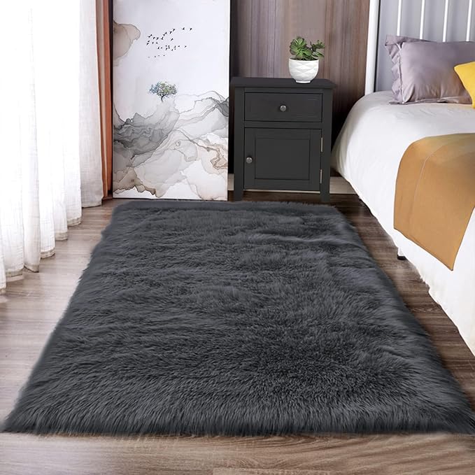 Latepis Dark Grey Fur 3x5 Area Shaggy Bedside Faux Sheepskin Rug by Latepis