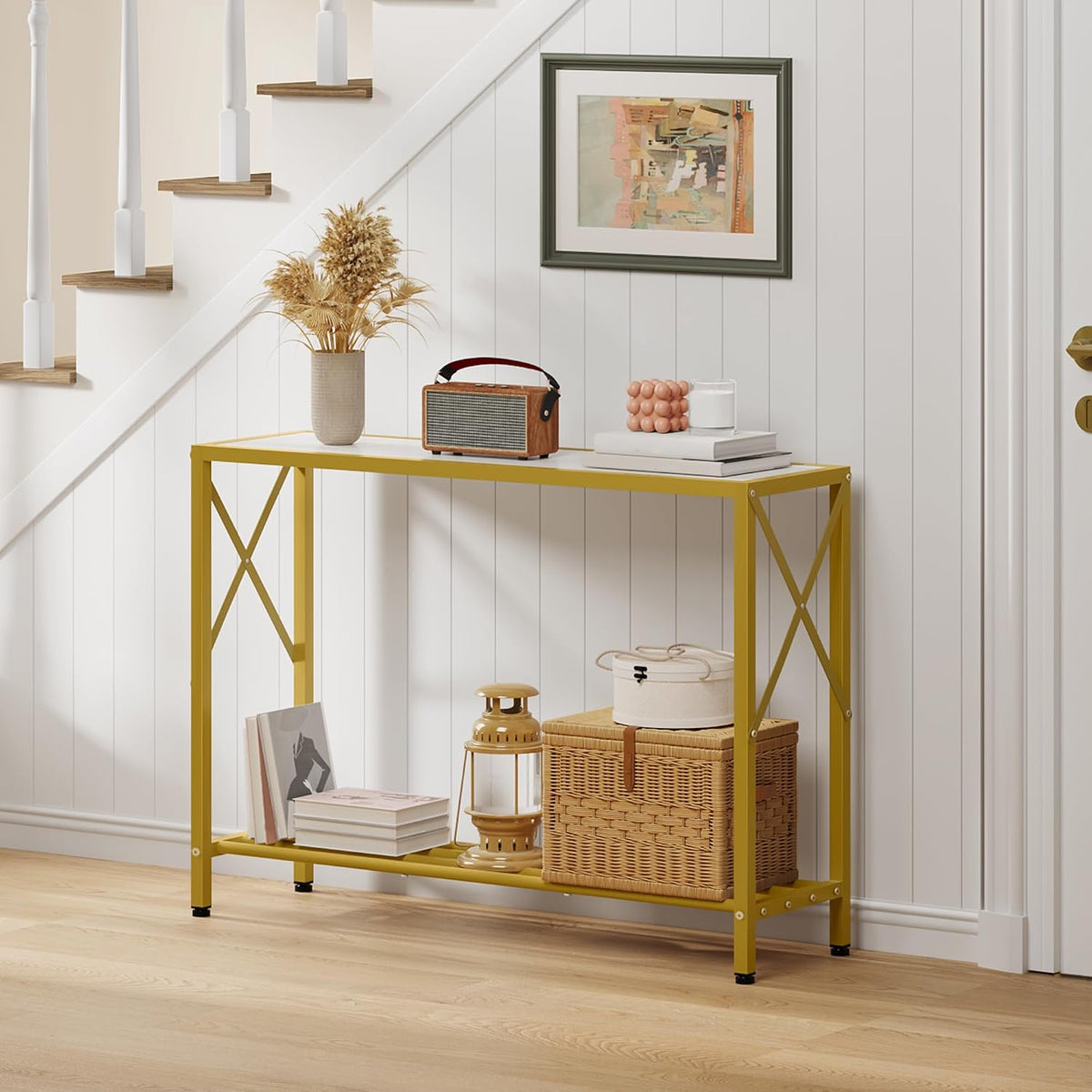 tajsoon entryway table 41.8", 2 tier gold console on a desk or shelf