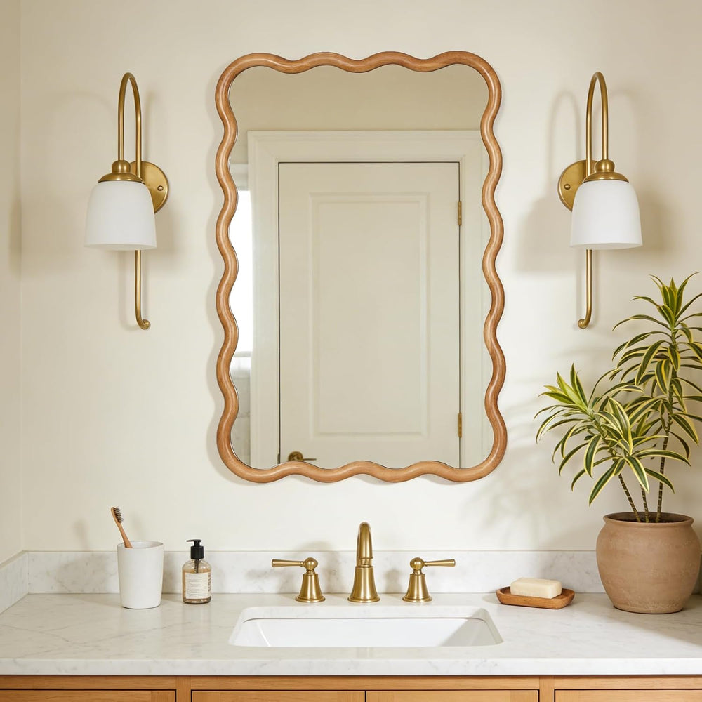 WallBeyond 24"x36" Wavy Wood Mirror, Natural Wood Boho Accent Wall ...