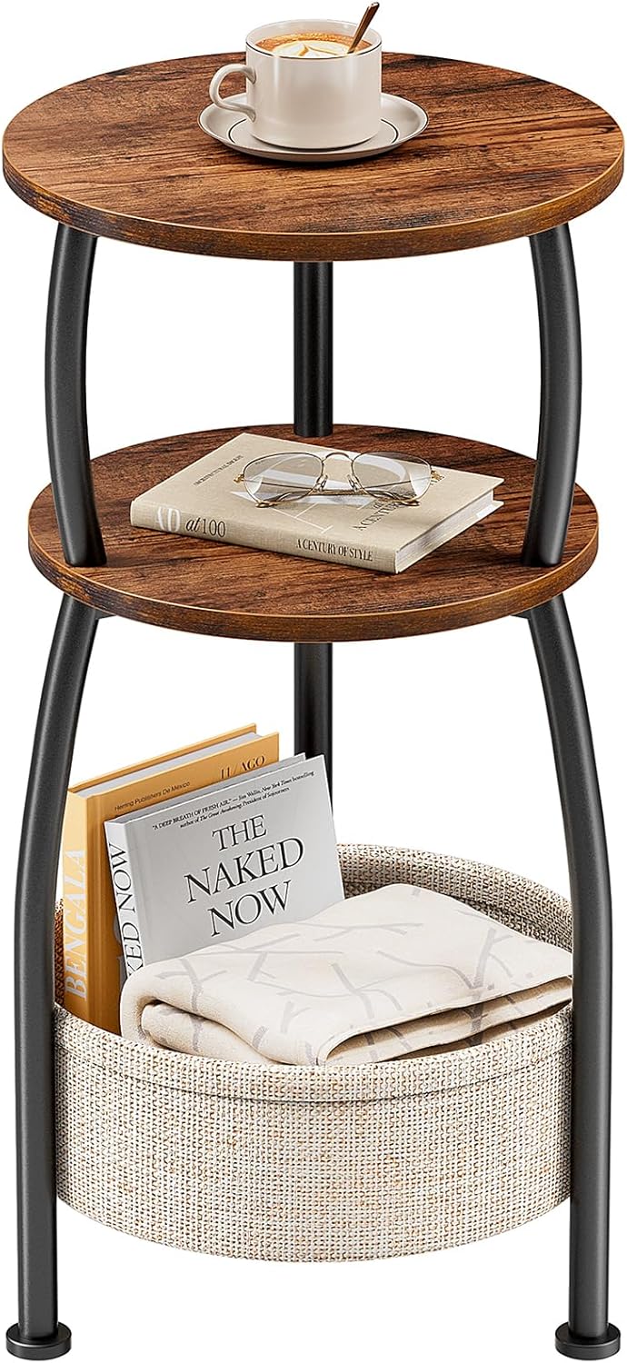 Round Side Table for Small Spaces with Storage Basket –Small End Table 3-Tier...