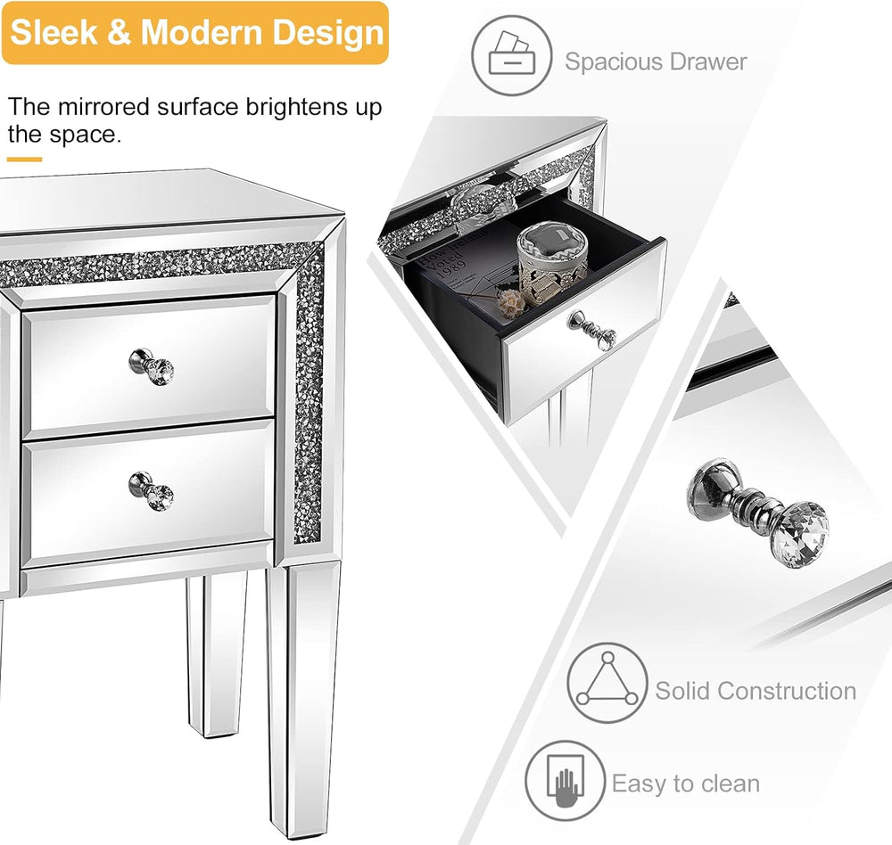 VINGLI Mirrored Nightstand Set of 2 Silver Glass Sofa/Couch Side Tables Bedro...