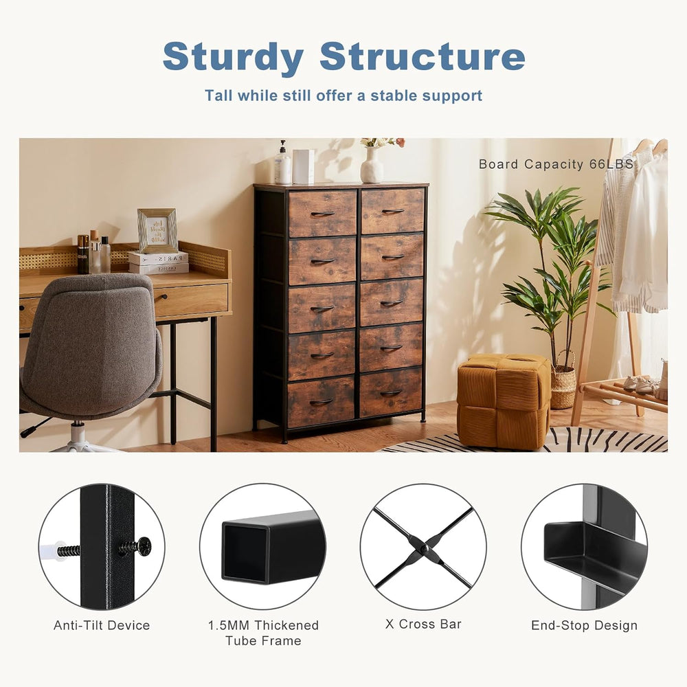 DUMOS 10 Drawer Tall Dresser for Bedroom & Living Room, Brown