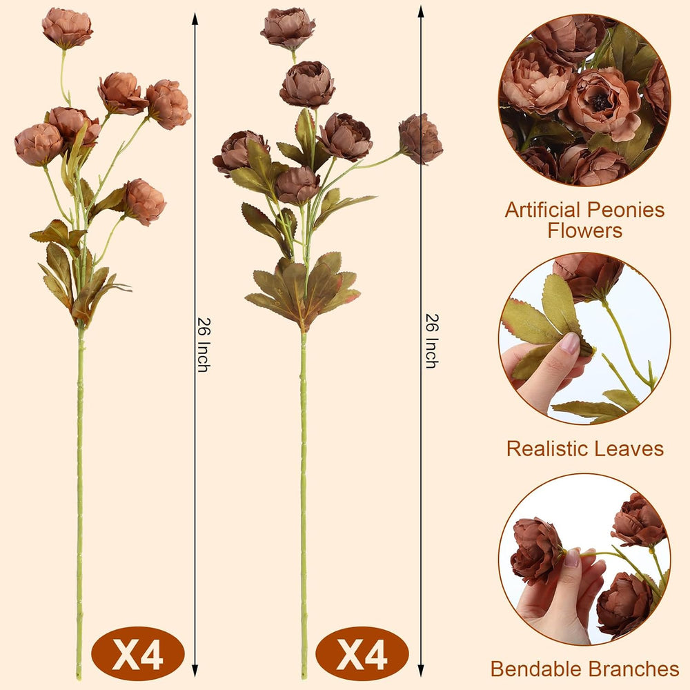 Yinder 8 Pcs 26'' Fall Artificial Peonies Stems, Tan, Light Orange, 8...