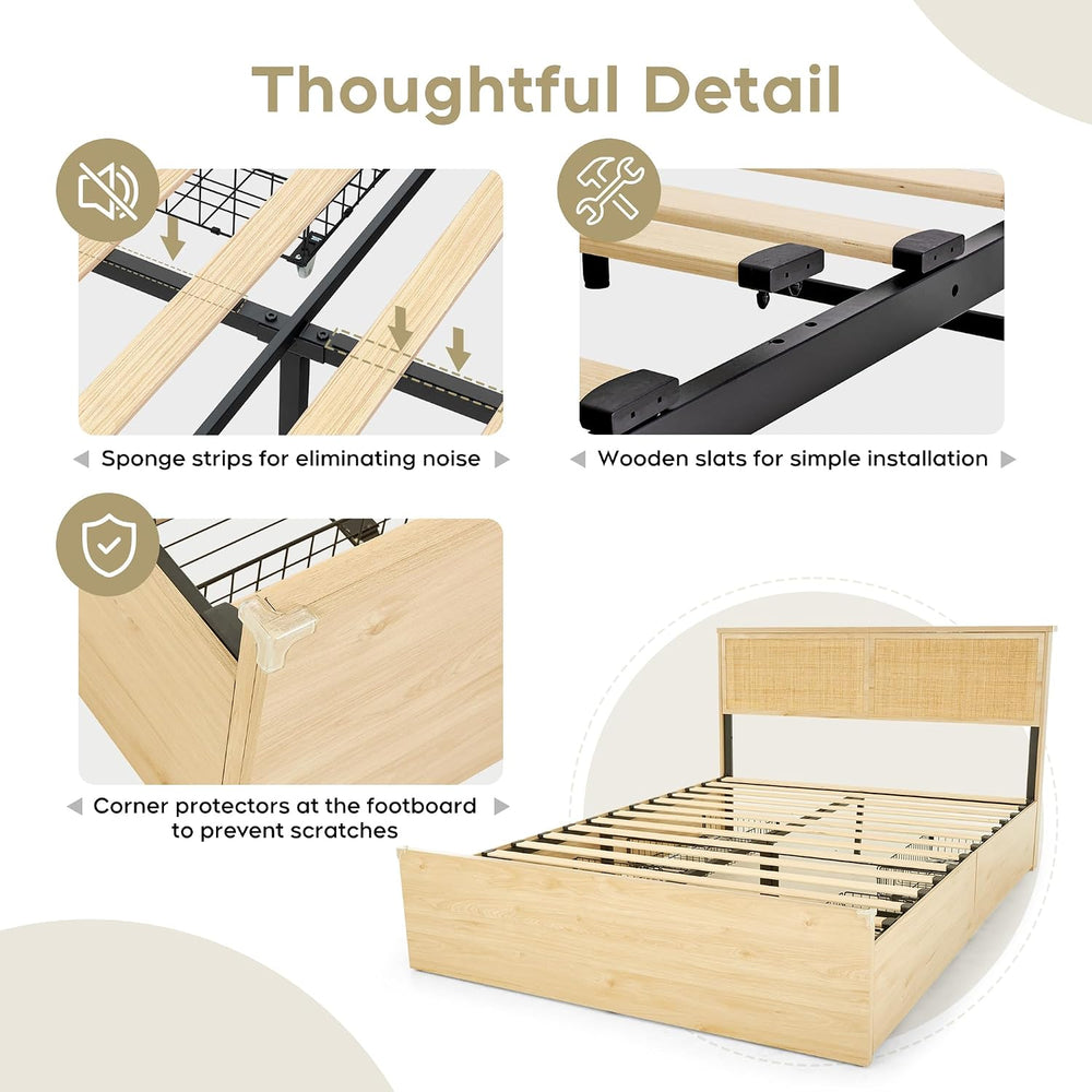Natural Rattan Headboard Queen Bedframe with 4 Storage Drawers and Footboard,...