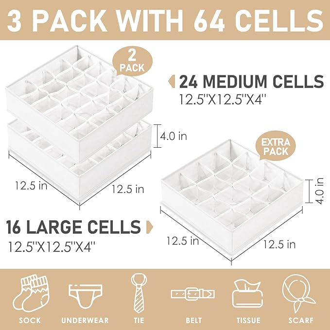 Criusia 3 Pack Sock Underwear Drawer Organizer Dividers, 64 Cell Fabric - Image 2