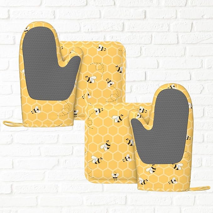 Yellow Honey Honeycomb Cute Bee Oven Mitts And Pot Holders Set Of 4 Silicone - Image 5