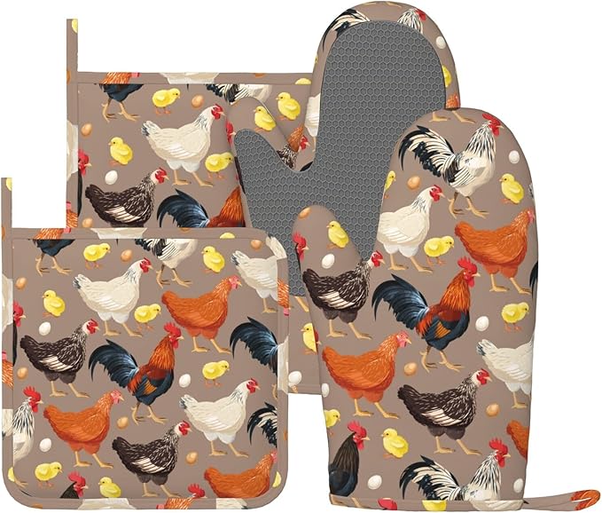 Fun Hen Chicken Rooster Oven Mitts and Pot Holders Set of 4 Silicone Heat by VOOHDDY
