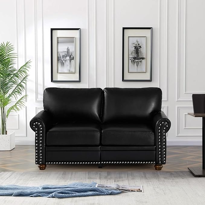 Faux Leather Loveseat Sofa, 59" W Mid Century Modern Couch with Storage,...