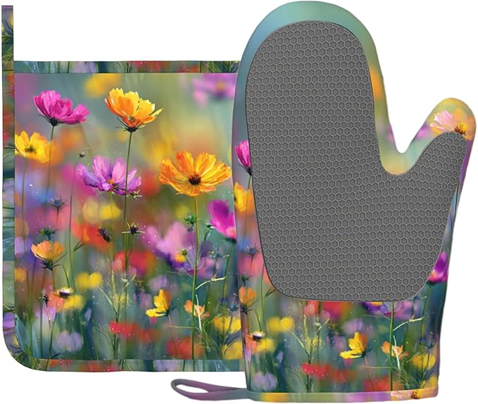Retro Colorful Flowers Oven Mitts and Pot Holders Sets Boho Floral Non-Slip by Unknown