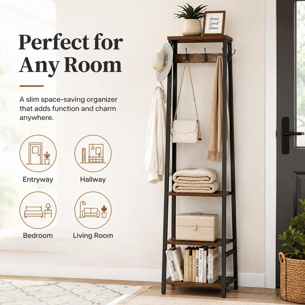 Coat Rack Freestanding, Coat Stand with 3 Shelves and 7 Hooks, Hall Tree Free...