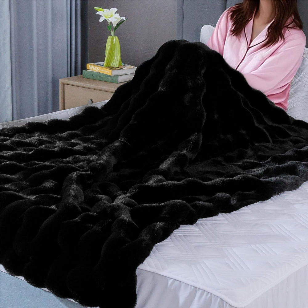 Fluffy Furry Black Faux Fur Throw Blanket for Couch Bed 50x60 Fuzzy Bubble So...