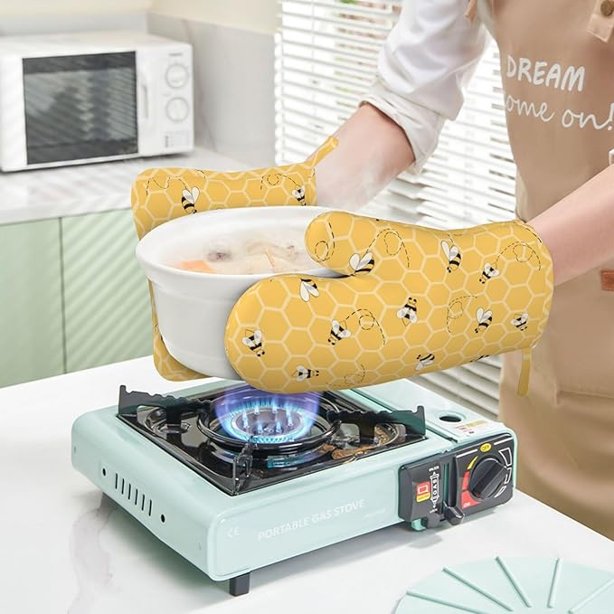 Yellow Honey Honeycomb Cute Bee Oven Mitts And Pot Holders Set Of 4 Silicone - Image 6