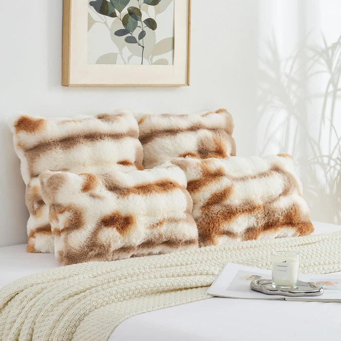 FUTEI Pack of 2 Faux Fur Throw Pillow Covers 26x26 Inch, Brown White