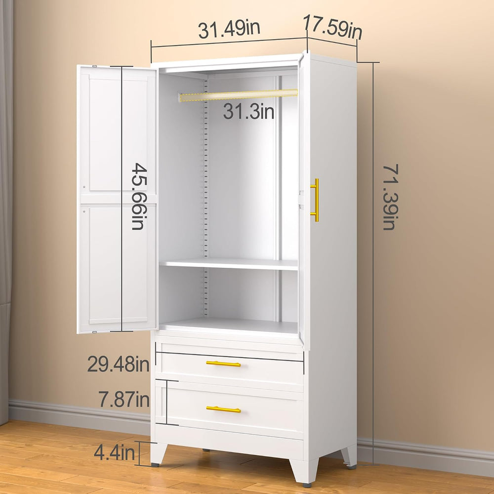 RIETERN Metal Armoire Wardrobe Closet, 71" Tall White Bedroom Closet