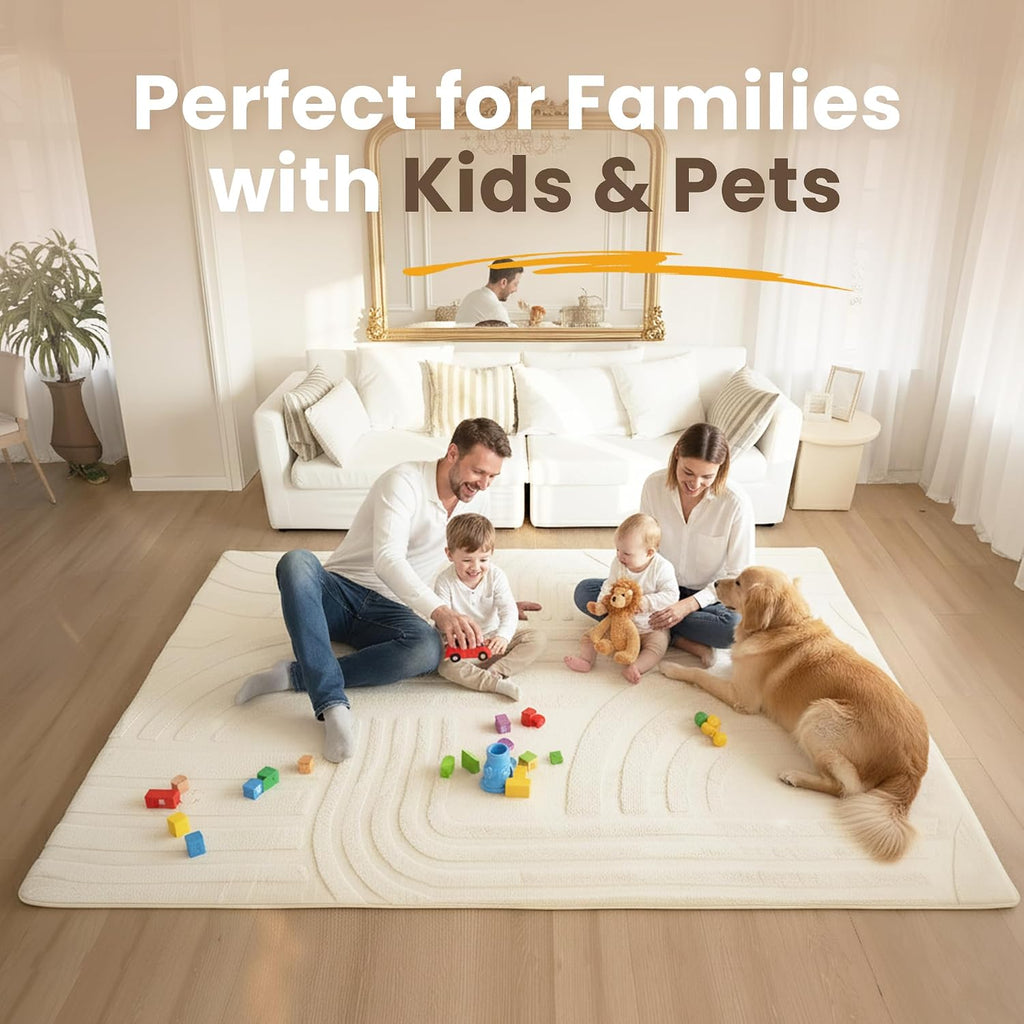 Huloo Sleep 1.3" Extra Thick Fluffy Baby Play Mat for Floor,6'×9'Large Padded Kids Rug with Ultra Soft 3D Carved Faux Rabbit Fur,Non-Slip Carpet Nursery Rug Area Rug for Playroom Living Room(Cream)