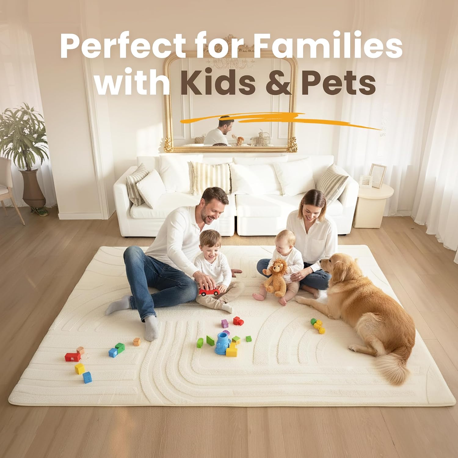 Huloo Sleep 1.3" Extra Thick Fluffy Baby Play Mat for Floor,6'×9'Large Padded Kids Rug with Ultra Soft 3D Carved Faux Rabbit Fur,Non-Slip Carpet Nursery Rug Area Rug for Playroom Living Room(Cream)