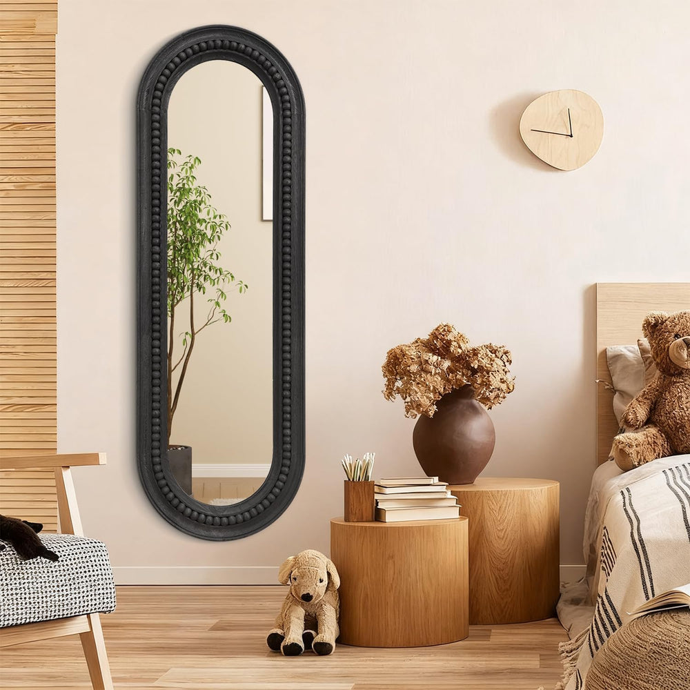 Oval Full Length Mirror with Beaded Wood Framed Black Decorative Large Wall M...