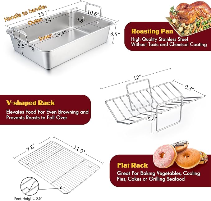 E-far 14 x 10.6 Inch Roasting Pan, Stainless Steel Turkey Roaster - Image 2
