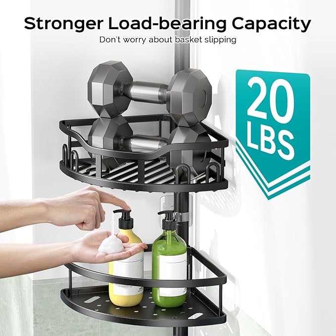 HAMITOR Corner Shower Caddy Tension Pole: Rustproof Stable 4-Tier Bathroom