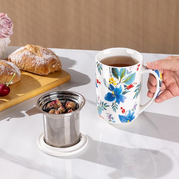 AmorArc Porcelain Tea Mug with Infuser and Lids, 18 Oz Coffee Cup Strainer with - Image 4