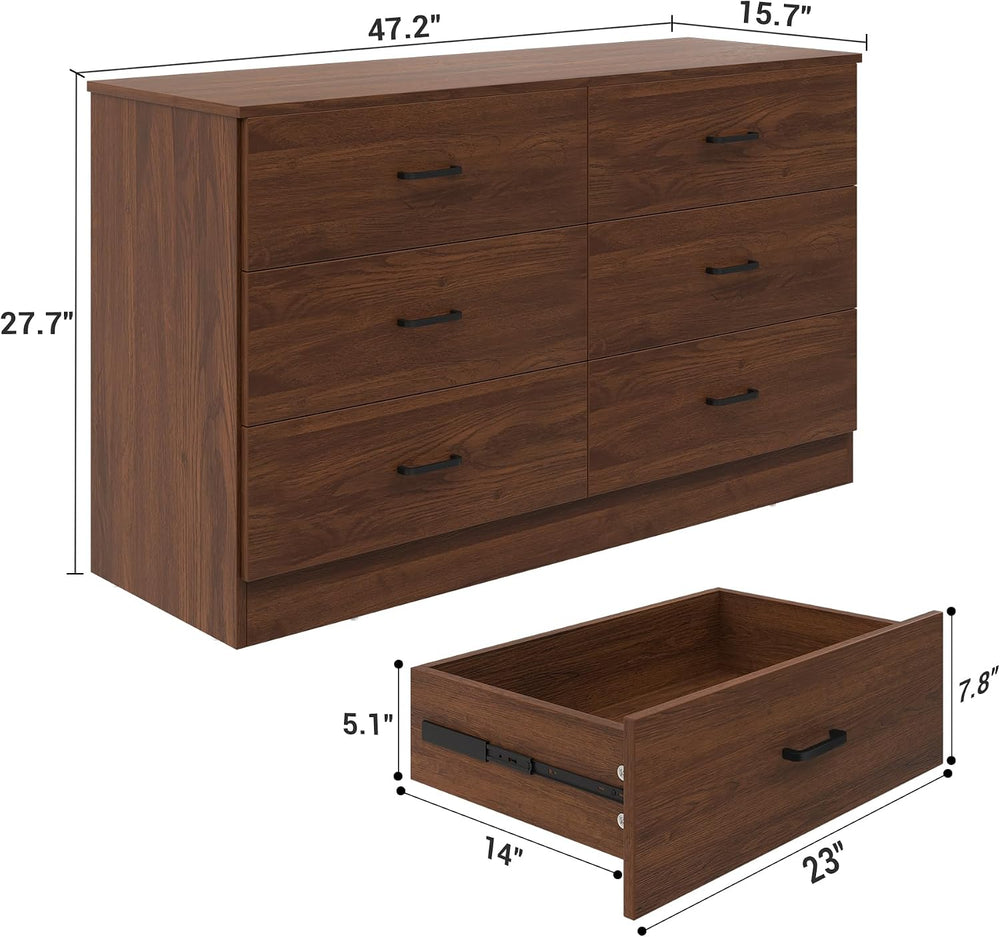 Bigbiglife Wood Dresser for Bedroom, 6 Drawer Double Dresser, Mid Century Mod...