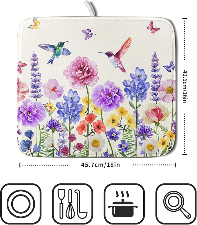 Giwawa Hummingbird Flower Dish Drying Mat 16x18 inch Watercolor Spring Herb - Image 2