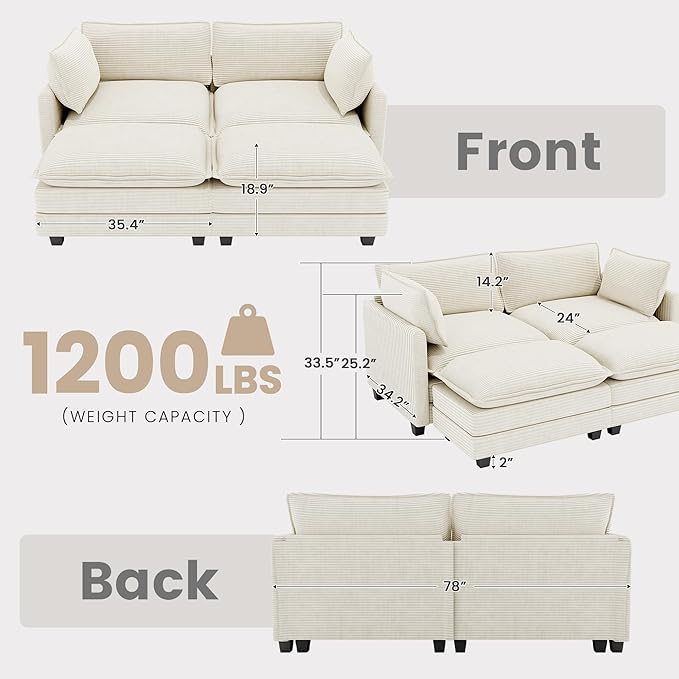 78'' Modular Sectional Cloud Couch with 2 Movable Ottoman, 4 Seat Com...