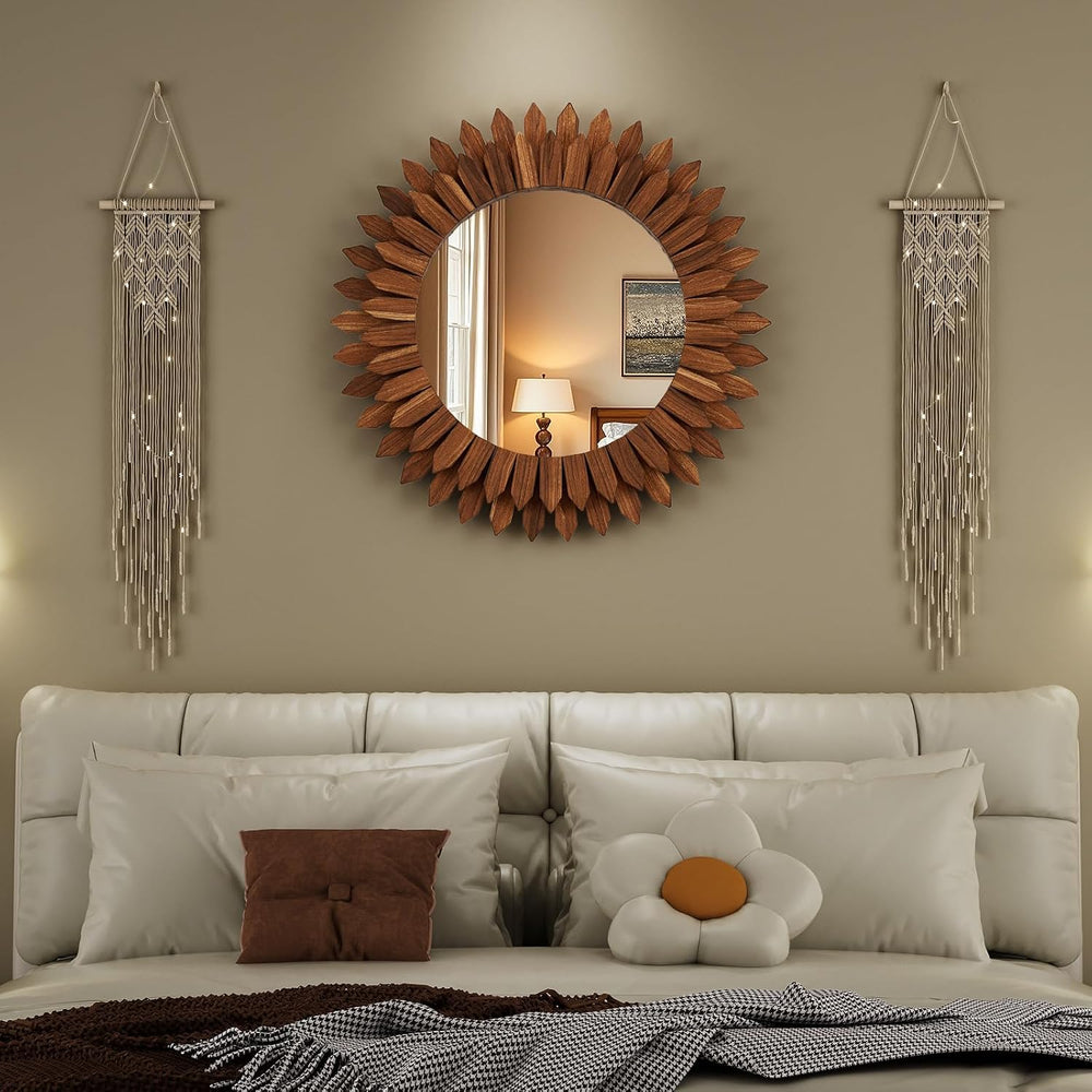 28" Walnut Round Sunburst Wooden Mirror Boho Rustic Wall Decor