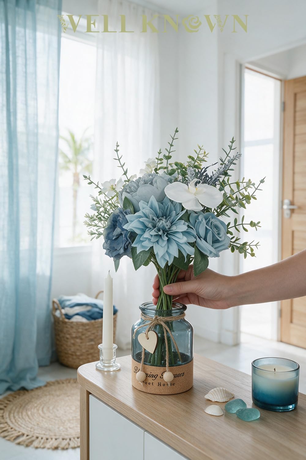 WELL KNOWN Artificial Flowers Bouquet with Designed Glass Vase, Dusty Blue