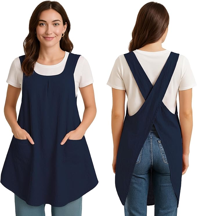 Apron for Women with Pocket Cotton Linen, Japanese Cross Back Apron for by ROLOSI
