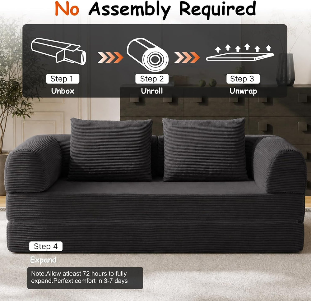 78" Convertible Sofa Bed, Corduroy Pull Out Couch with Fixed Frame &...