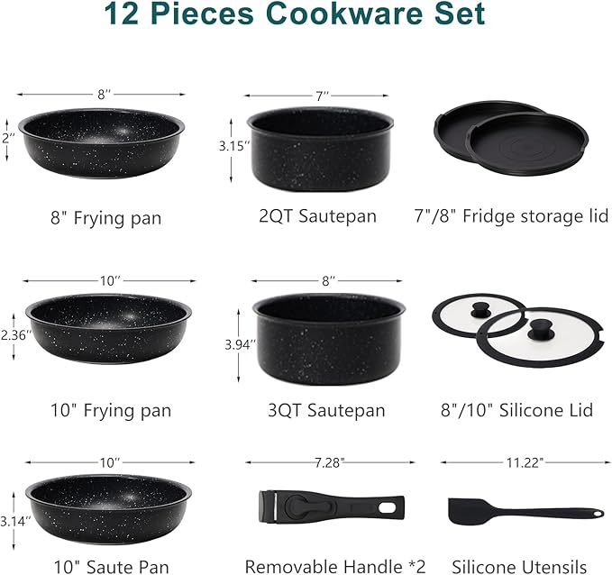 NEWBULIG 12-Piece Nonstick Cookware Set, Detachable Handle Pots and Pans - Image 2