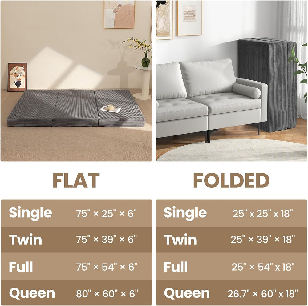 6-Inch Tri-Fold Mattress Twin Size - Foldable Futon Sofa Bed with Removable W...