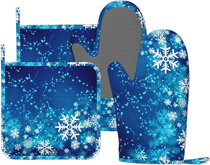 Oven Mitts and Pot Holders Blue Snowflake Winter Christmas Silicone Kitchen by DADABULIU