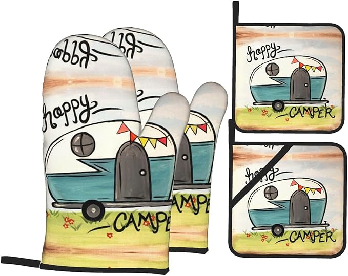 Happy Camper Oven Mitts and Pot Holders Sets of 4, Resistant Hot Pads by Nelife