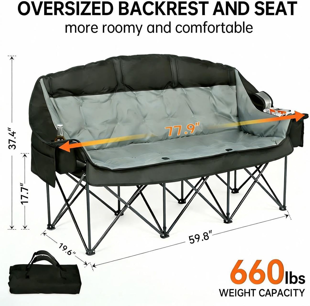3 Person Camping Chair for Adults Folding Double Camping Chair Oversized Heavy Duty Camping Loveseat with Cup Holders & Carry Bag, Portable Outdoor Lawn Chair for Camping, Beach, Backyard Black & Grey