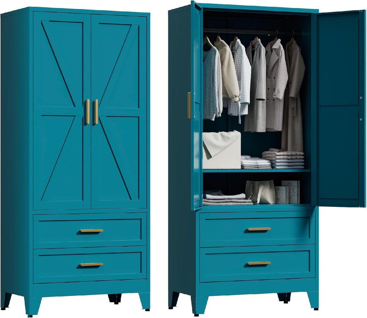 71'' farmhouse metal wardrobe cabinet with hanging rod, main product view