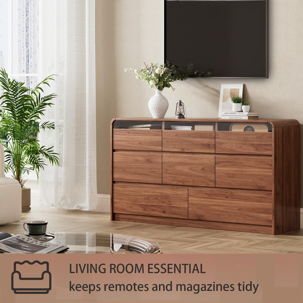 Ieejdn 47.2" Dresser with 6 Drawer, Wide Dresser with Recessed Glass Dis...