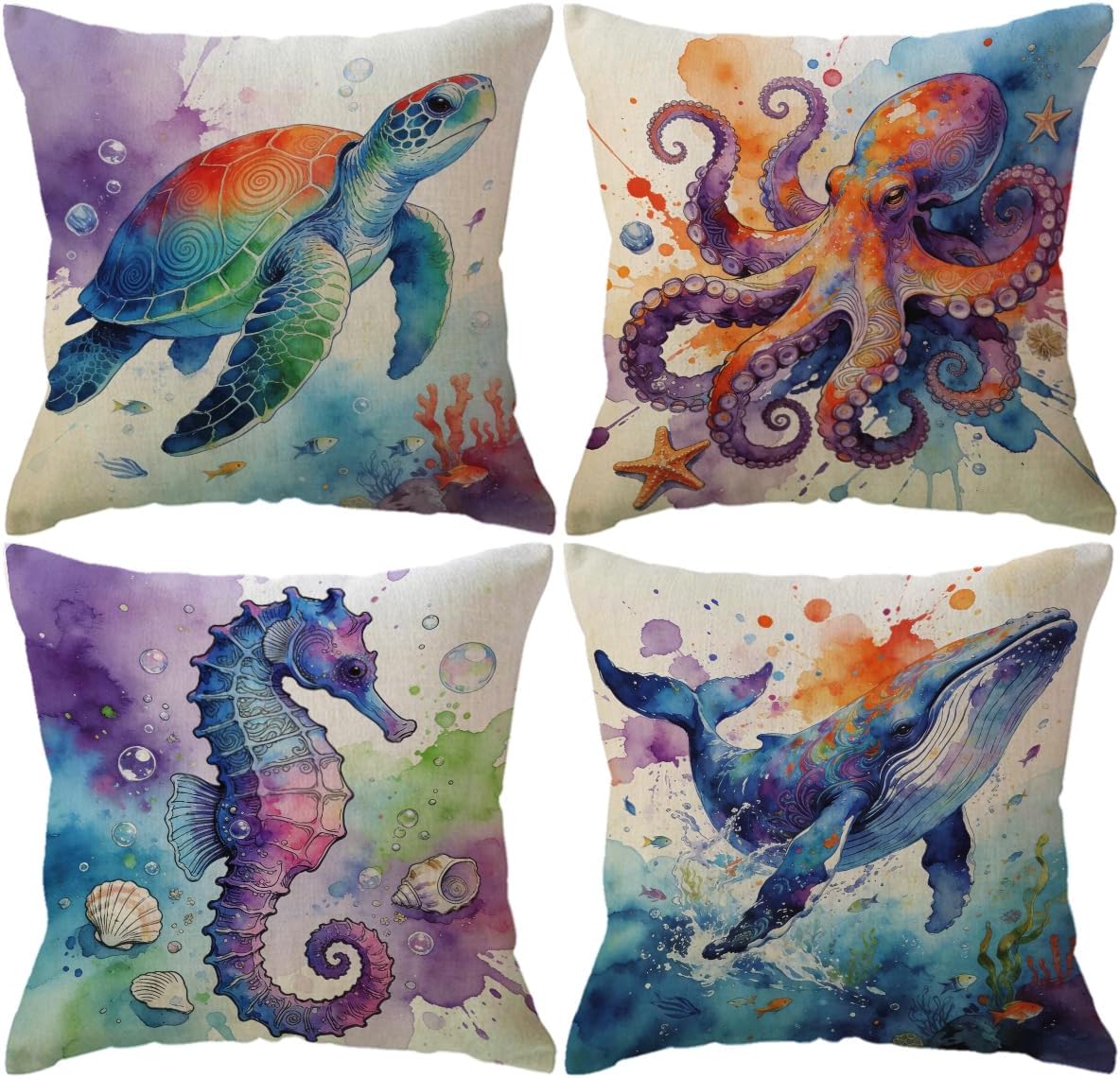 Marine Life Throw Pillow Case Turtle Octopus Seahorse Whale Decorative Pillowcases Coastal Ocean Cushion Covers 18 X 18 Inch,4Pack Nautical Pillow Covers for Summer Beach House Decor(Purple/Blue)