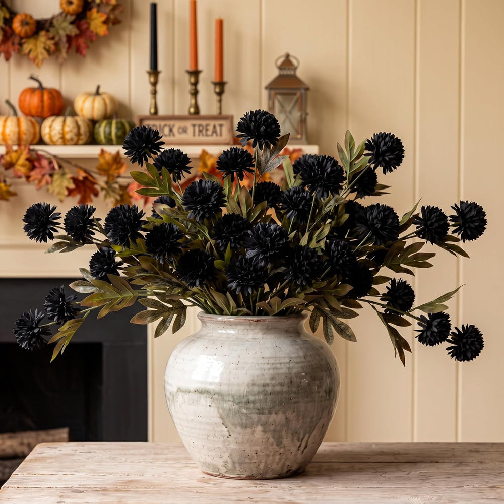 Knitgrip 8 Pcs Faux Silk Pom Pom Mum Artificial Flowers, Black