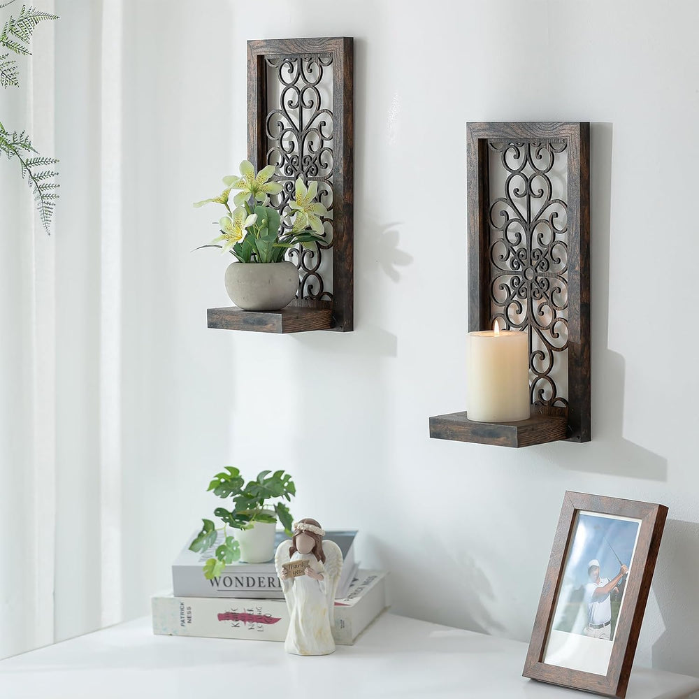 Mirrored Browm Wall Candle Sconces Set of 2 with Scrollwork Design
