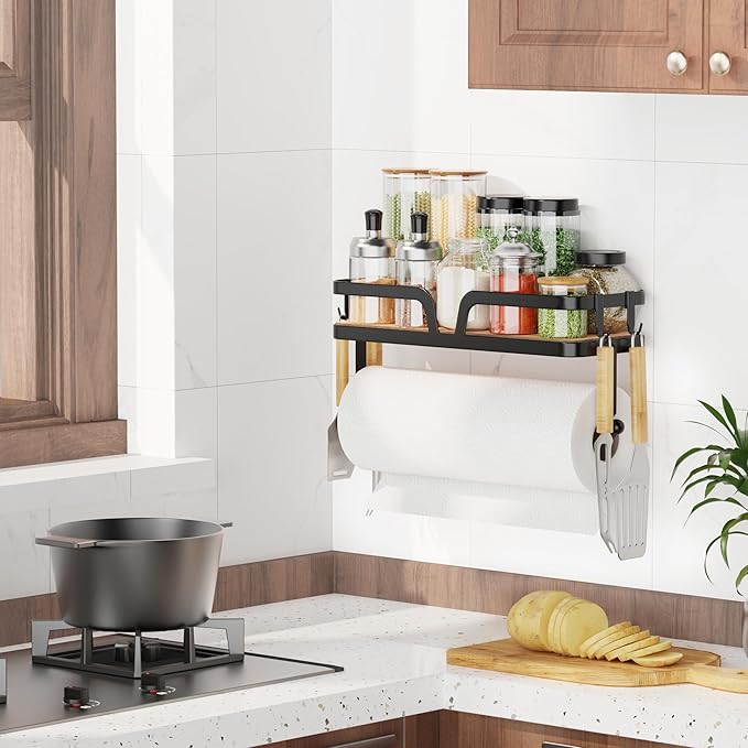 Taozun Paper Towel Holder Wall Mount, Kitchen Paper Holder Spice Rack Black - Image 6