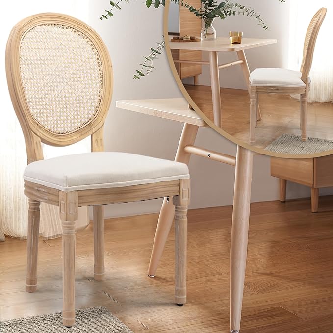 Rattan Back Upholstered Dining Chairs Set of 6 French Country Oval Kitchen Si...