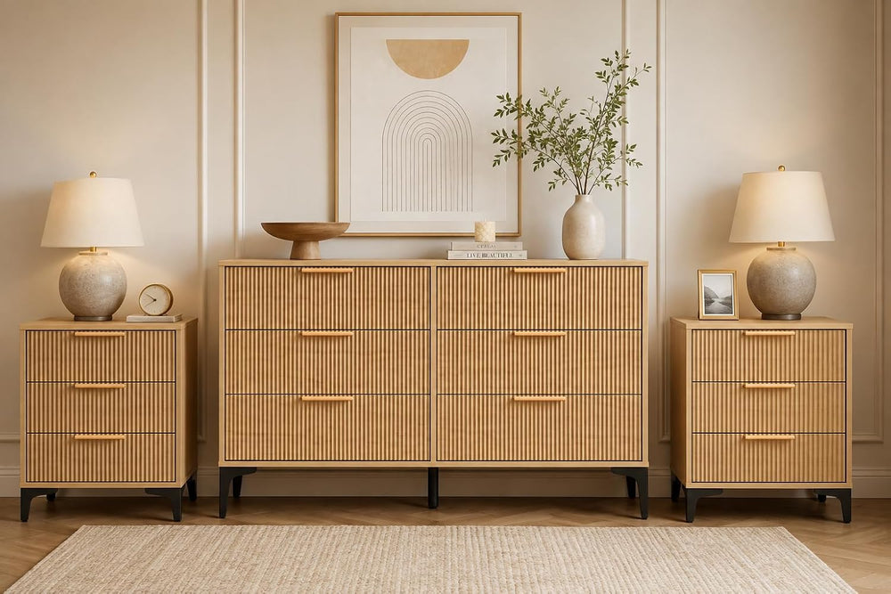 3-Piece Fluted Bedroom Set, 6 Drawer Dresser & 3 Drawer Nightstands