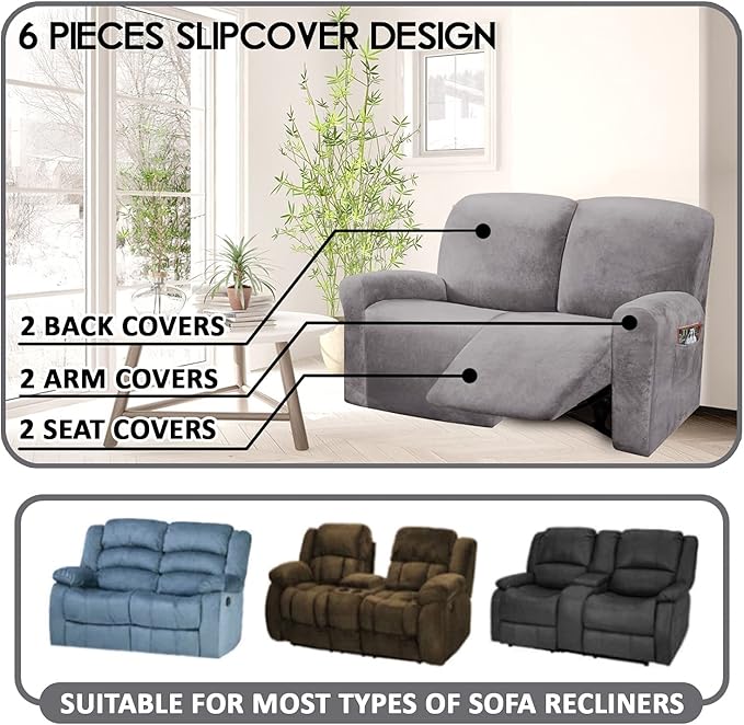 ULTICOR Reclining Love Seat Slipcover, 6-Piece Velvet Stretch Loveseat - Image 2