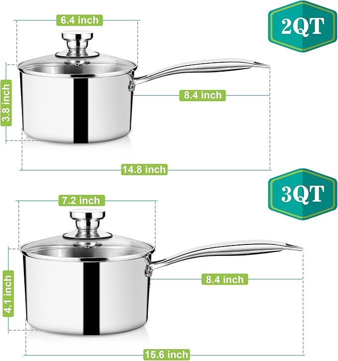 P&P CHEF 2 & 3 Quarts Tri-Ply Stockpot and Saucepan, Stainless Steel Sauce Pan - Image 2