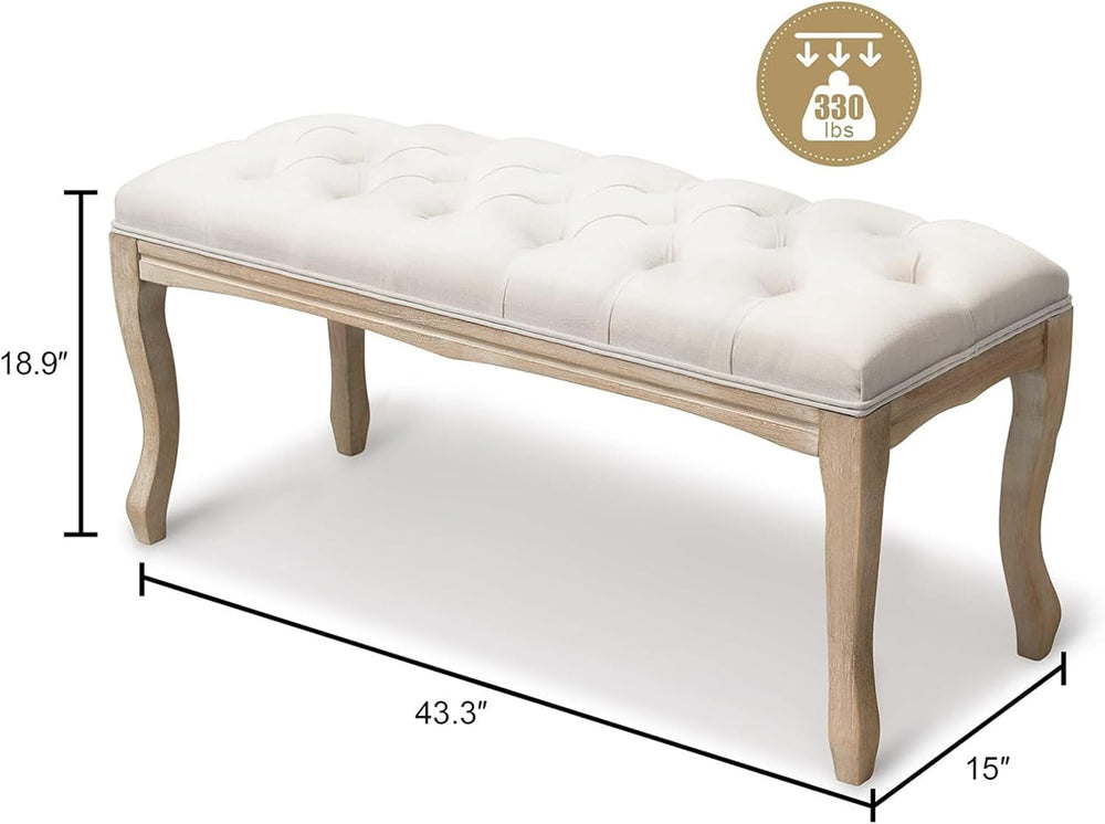 French Country Linen Bedroom Bench with Solid Wood Legs, 43.3" Button-Tu...