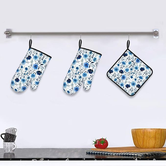 Blue Floral Oven Mitts and Pot Holders Sets of 3, Heat Resistant Cute - Image 5